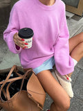 Poshoot Pink Round Neck Casual Women Sweater Autumn Long Sleeved Loose Fashion Pullover 2024 New Fashion Lady Commute High Street Jumper