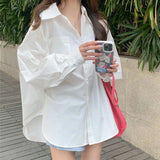 Poshoot Korean Oversized White Shirt Women All Match Long Sleeve Loose Basic Blouse Woman Spring Summer Turn Down Collar Blusas Mujer