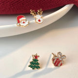 Poshoot 4 Pcs/set Cute Small Enamel Christmas Earrings for Women Trendy Santa Claus Elk Xmas Tree Stud Earrings Girls Party Jewelry Gift