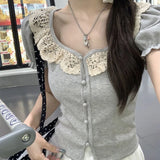 Poshoot 2025 Summer Lace Round Neck T Shirts Women Single Breasted Short Sleeve Kawai Shirts Woman Slim Fit Japanese Designer Tops Mujer