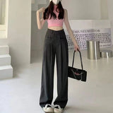 Poshoot High Waist Wide Leg Suit Pants for Women Korean Solid Straight Loose Trousers Woman All Match Pockets Casual Pants Laides