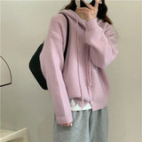 Poshoot Solid Single Breasted Hooded Cardigan Women Korean Fashion Long Sleeve Sweater Jacket Woman Chic Loose Knitted Jumper