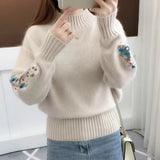 Poshoot Autumn Winter Embroidery Sweater Women Fashion Half High Collar Long Sleeve Knit Jumper Woman 2024 Korean Loose Pullover Female