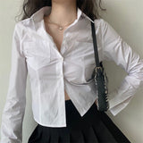 Poshoot White Crop Shirts for Women Korean Fashion Button Up Crop Tops Woman 2024 Spring Summer Long Sleeve Y2K Blouse Ladies