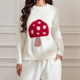 Poshoot Women Y2K Mushroom Graphic Print Sweater Long Sleeve Cute Floral Oversized Knitted Pullover Aesthetic Distressed Sweater