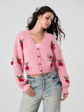 Poshoot Y2k Cherry Embroidery Cropped Sweater For Women Knit Cardigan Female Autumn Long Sleeve Loose Knitted Coats Jackets