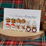 Poshoot 6 Pairs/Set Merry Christmas Series Stud Earrings for Women Cute Santa Claus Snowflake Elk Ribbon Earring Set Party Jewelry Gift