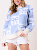 Poshoot Women Y2k Bownot Print Crochet Sweater Long Sleeve Crewneck Oversized Knit Pullover Top 2024 Cute Bow Sweater Shirt Streetwear