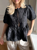 Poshoot Babydoll Tops Y2k Puff Sleeve Peplum Shirts for Women Lace Up Tie Front Ruffle Hem Loose Dressy Casual Blouse Streetwear