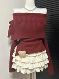 Poshoot Winter Kawaii Sweet 2 Piece Set Woman Off Shoulder Bow Knitted Tops + Mini Cake Skirt Female Korean Fashion Casual Suit New