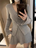 Poshoot 2023 Autumn Grey Knitted Suit for Women Korean Slim Short Cardigan Top High Waist Fashion Skirt Suit Outfit 2 Piece Set Chic