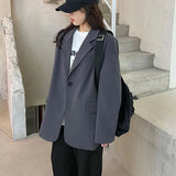 Poshoot Lcuyever Korean Style Gray Blazer for Women Spring Autumn Long Sleeve Loose Suit Coat Woman Single Breasted Chic Jackert Female