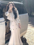 Poshoot Chic Mermaid Dress Two Piece Sets Women Korean Lapel Short Trench Coat Outfits Female Elegant 2024 Spring Autumn Clothing Suit