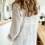 Poshoot Vinatge Cotton Linen Loose Shirt Women Turn Down Collar Casual Blouse Woman Elegant Long Sleeve Button Up Ladies Office Blouses