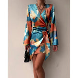 Poshoot-2024 Spring/Summer New Fashion Long Sleeve Printed V-Neck Sexy Irregular Casual Elegant Women's Dress