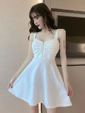 Poshoot 2022 New Sexy Dress Mesh Red Strap A-line Slim Fit Slim Ruffled Low Chest Zipper Korean Style Short Dress Women Charm PG9J