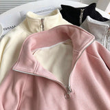 Poshoot Warm Thicken Zipper Stand Collar Hoodie Women Casual Long Sleeve Pullover Tops Woman Solid Color Loose Plush Sweatshirt