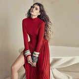 Poshoot Red Patchwork Slit Maxi Dress Female Solid High Neck Long Sleeve Party Club Dress Sexy Gathered Pullover Slim Dress Robe