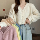 Poshoot Y2K Knitted Cropped Cardigan Sweater Women Korean Short Long Sleeve Crop Tops Woman Solid Color V Neck Cardigans Female