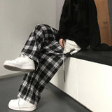 Poshoot Harajuku Black White Plaid Pants Women 2024 Oversized Wide Leg Trousers Female Korean Style High Waist Checkered Pants Female