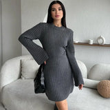 Poshoot Elegant Knitted Dress Women's New Solid Bottoming Sweater Dress O-neck Long Sleeve Slim Retro High Waist Dress Robe 2024