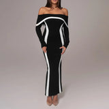 Poshoot Sexy One Shoulder Slim Long Dress Women's New Strapless Long Sleeve Backless Evening Gown High Waist Color Block Dress