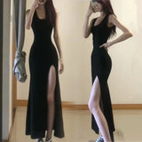 Poshoot Sexy High Split Spaghetti Strap Dress Women 2024 Summer Black Bodycon Dresses Woman Sleeveless Party Long Dress Ladies