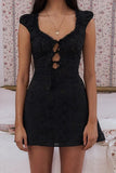 Poshoot Christmas Thanksgiving Gifts  Elegant  Hollow Out Lace Tie-Up Mini Dress