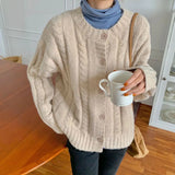 Poshoot Korean Fashion Round Neck Cardigan Women Long Sleeve Twist Knit Sweater Coat Woman Solid Color Chic Cardiagns Female