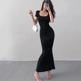 Poshoot 2024 Summer Solid Color Slim Long Dress Women Short Sleeve Skinny Bodycon Maxi Dresses Woman Square Collar Party Vestidos Mujer