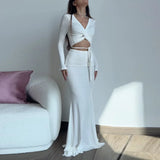 Poshoot Sexy V Neck Bandage Long Skirt Set Women's White Long Sleeve Lace Up Top See Through Skirt 2 Piece Elegant Skirt Set