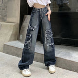 Poshoot Streetwear Ripped Baggy Jeans Woman High Waist Wide Leg Denim Trousers Women 2023 Harajuku Loose Straight Jeans Female