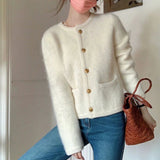 Poshoot Elegant Knitted White Jacket Women Round Neck Autumn Winter Fuzzy Cardigan Woman 2024 New Long Sleeve Sweater Jacket