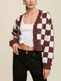 Poshoot Y2k Vintage Checkerboard Crop Cardigan V-neck Button Up Knitted Sweaters Women Autumn Winter Outfits