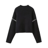 Poshoot Contrast Patchwork Topstitch Sweater Female Pullovers 2024 Autumn Round Collar Warm Knitted Top Chic Long Sleeve Loose