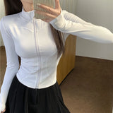 Poshoot Spring Summer Slim Fit Crop Tops Women Korean Wild Sports Fitness Long Sleeve Coat Woman Y2K Streetwear Zipper Up T Shirt