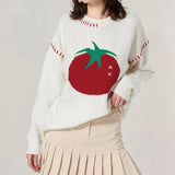 Poshoot Women Y2K Tomato Printed Pullover Sweater Top Oversized Fruit Graphic Long Sleeve Crew Neck Knit Sweater Fall Streetwear