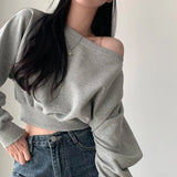 Poshoot Sexy Slash Neck Off Shoulder Hoodies Women Long Sleeve Y2K Streetwear Pullovers Woman Korean High Waist Loose Crop Tops Female