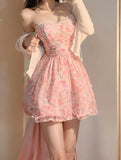 Poshoot Sweet New Pink Sexy Dress Sweet Fresh Style Fragmented Flowers Print Waist Wrapped Slim Student Summer Short Lovely 2024 7DSB