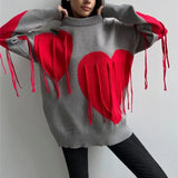 Poshoot Heart Print Sweater Women's O-Neck Long Sleeve Pullover Sweater Casual Knitted Tassel Sweater Loose Women's Streetwear