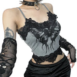 Poshoot-Women's Butterfly Skull Print Contrast Lace Spaghetti Strap Sleeveless Cami Tank Crop Tops Gothic Punk ALt Crop Top