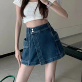 Poshoot Korean Style High Waist Skirt Shorts Women 2024 Summer Pockets Denim Shorts Woman Double Button A Line Skirt Pants Female