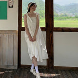 Poshoot Sweet Lace Up Spaghetti Strap Dresses Women Summer Long Solid Color Sleeveless Dress Woman Japanese Style Loose A Line Dress