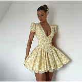 Poshoot Lemon Bloom V-Neck Mini Dress