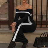 Poshoot Sexy One Shoulder Slim Long Dress Women's New Strapless Long Sleeve Backless Evening Gown High Waist Color Block Dress