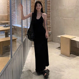 Poshoot Summer Slim Halter Neck Maxi Dress for Women Solid Color Streetwear Sleeveless Sundress Woman Spaghetti Straps Clubwear Dresses