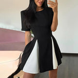 Poshoot High Waist Patchwork Mini Dress Women's Fashion O Neck Short Sleeve A Line Dress Luxury Party Y2k Short Dress Female