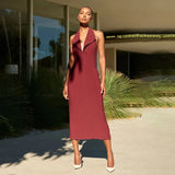 Poshoot Elegant Halter Neck Backless Long Dress Women's Sexy Sleeveless Slim Lapel Long Dress V-neck Slit Solid Evening Dress