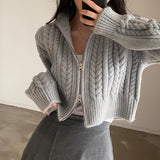 Poshoot Zipper Up Korean Knitted Cardigan Women Autumn Winter Cropped Turtleneck Sweater Woman Chic Long Sleeve Twist Cardigans Female