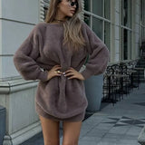 Poshoot Female V-neck Imitation Mink Sweater Fall Sexy Off-Shoulder Loose Sweater Dress Solid Casual Pullover Street Knitted Top